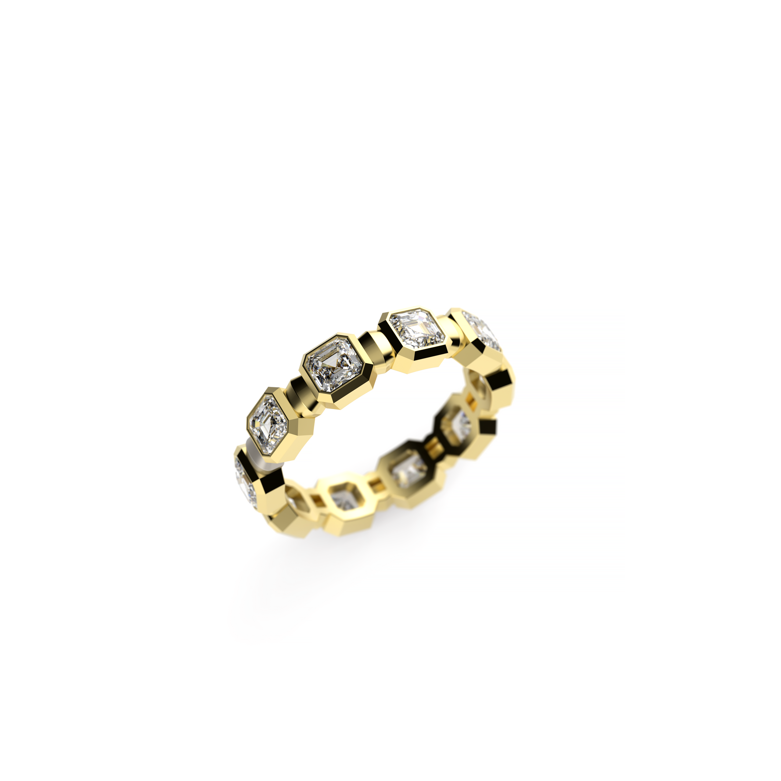 Gold Asscher-cut diamond eternity band with geometric bezel-style diamond settings.