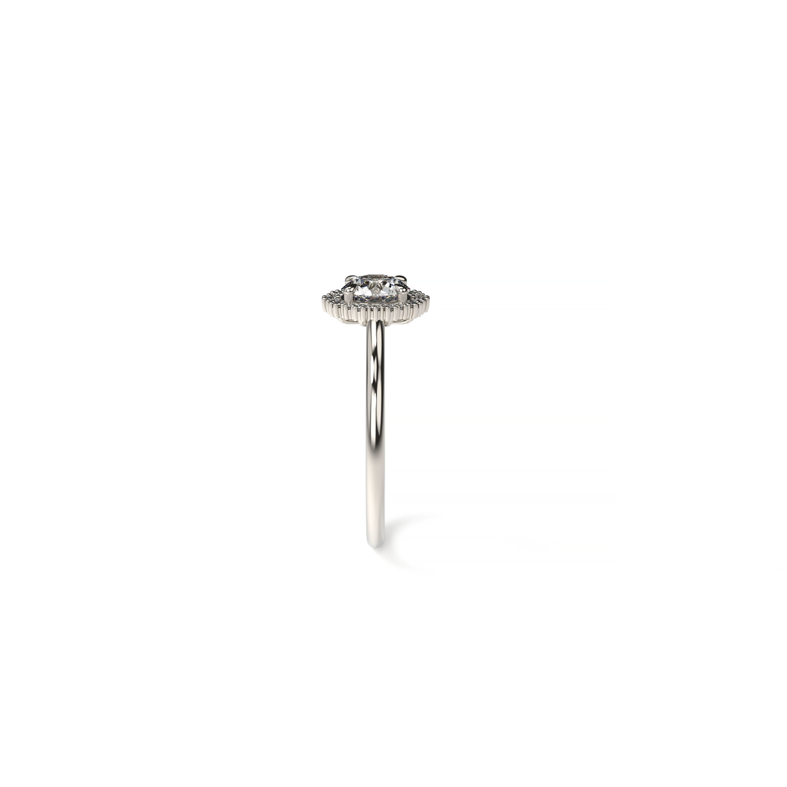 White gold engagement ring featuring a 1-carat round diamond with a classic diamond halo and polished band, shown in side view