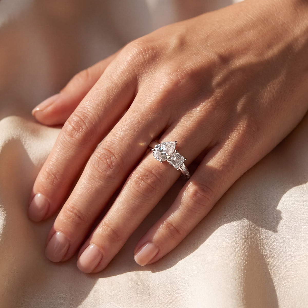 Pear with Asscher Cut Diamond Engagement Ring with Baguette-Set Band