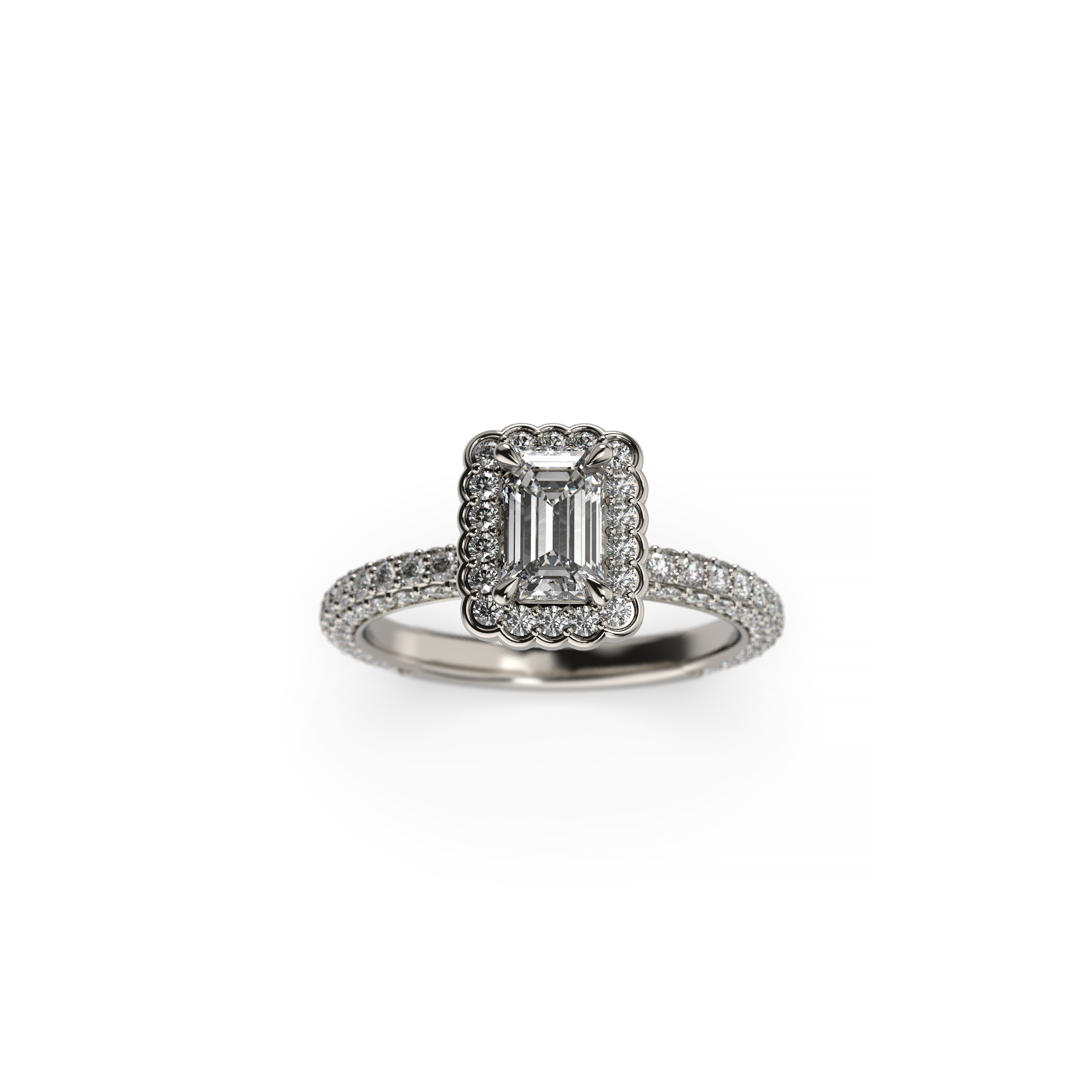 Halo Engagement Ring with Emerald-Shaped Diamond and Diamond Shank