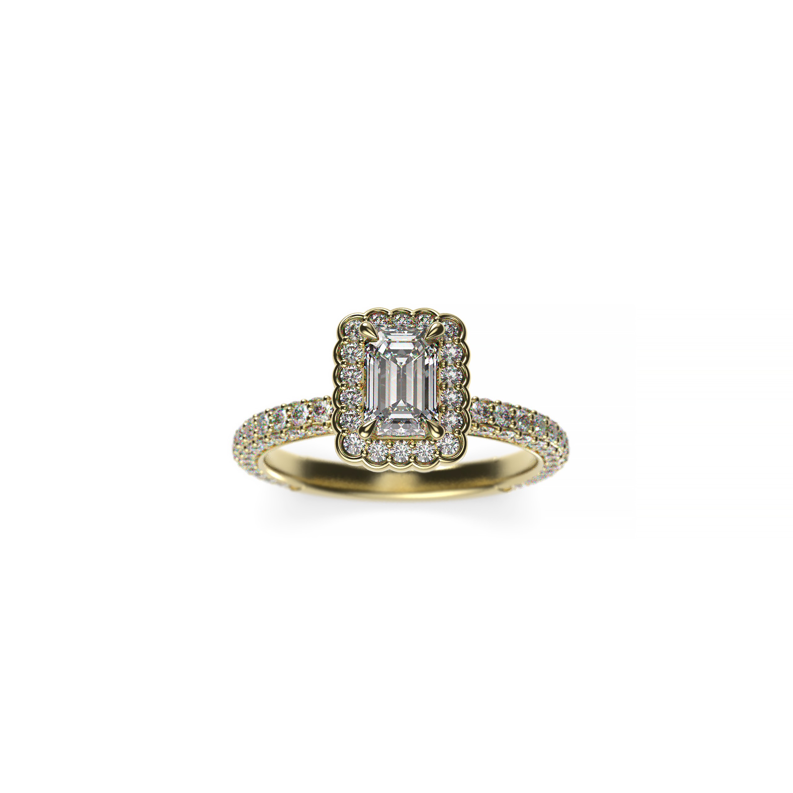 Halo Engagement Ring with Emerald-Shaped Diamond and Diamond Shank