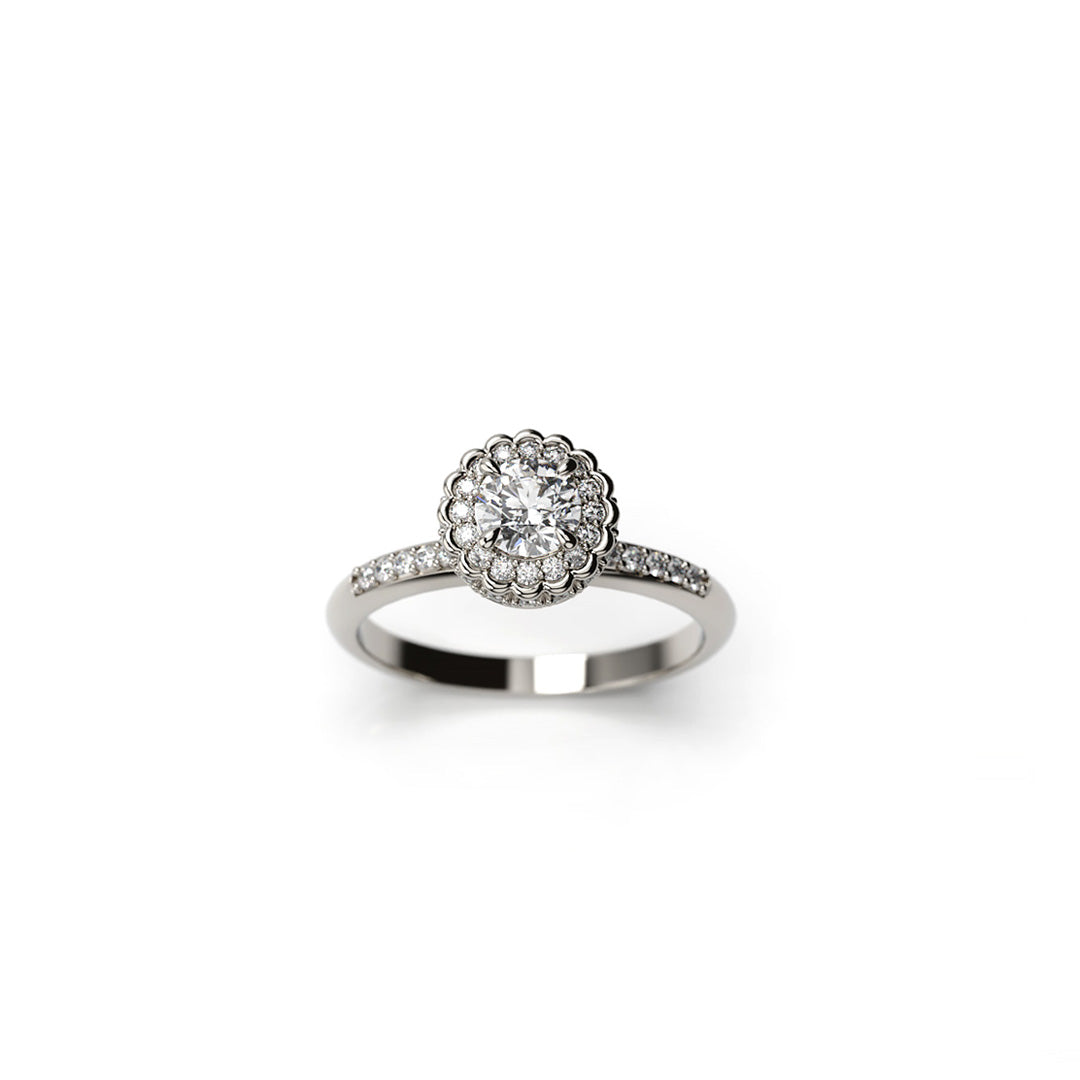 White gold floral halo diamond ring with pavé band, crafted with brilliant-cut center stone  top view
