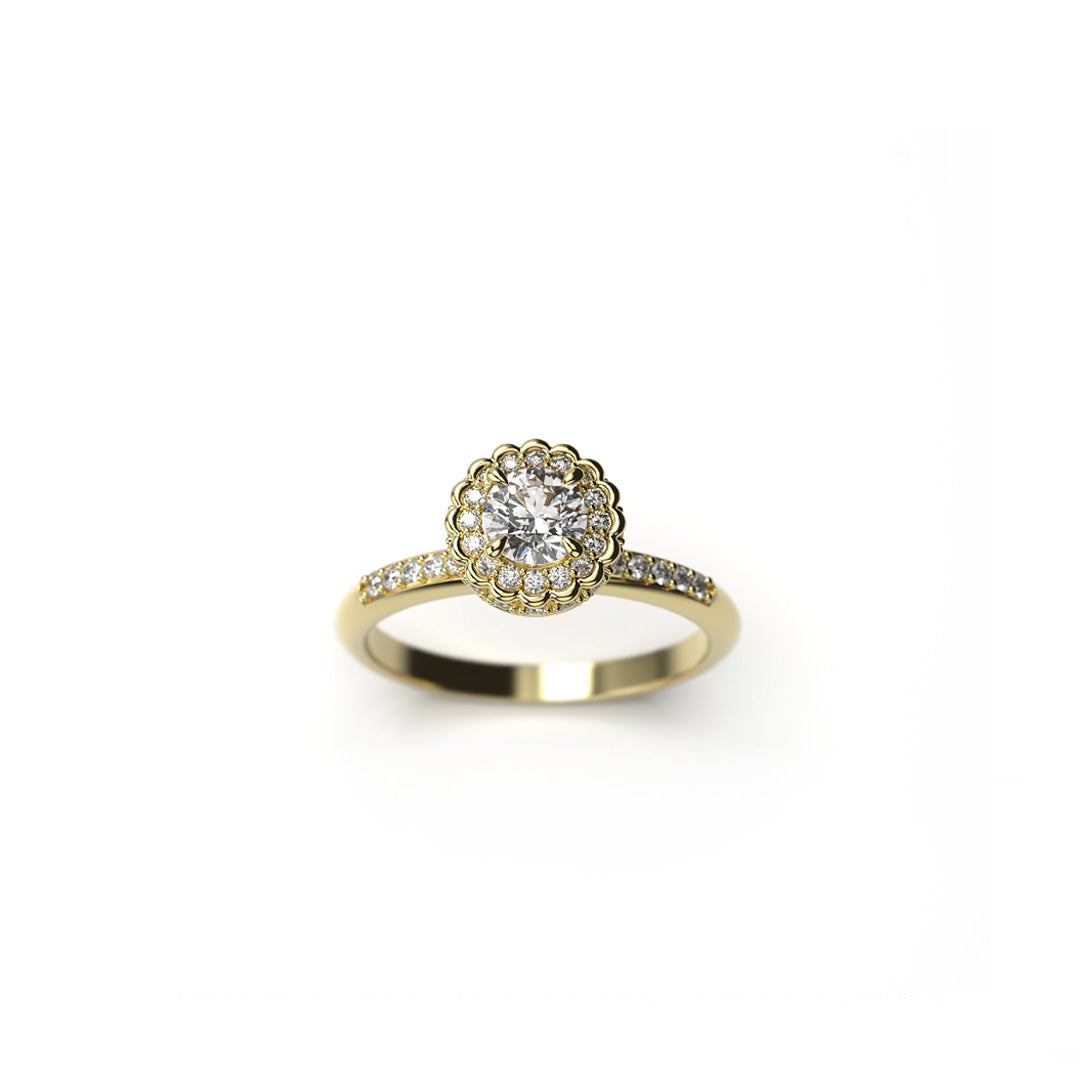 Yellow gold floral halo diamond ring with pavé band, crafted with brilliant-cut center stone  top view
