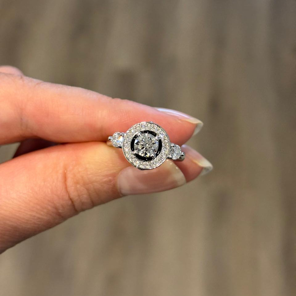 Black Enamel Round Diamond Halo Ring
