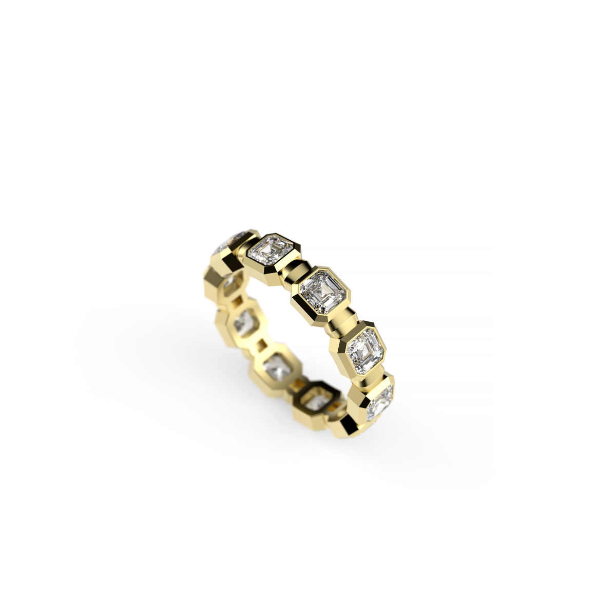 Asscher-cut diamond eternity band in yellow gold with bezel-set step-cut diamonds, shown on a white background.