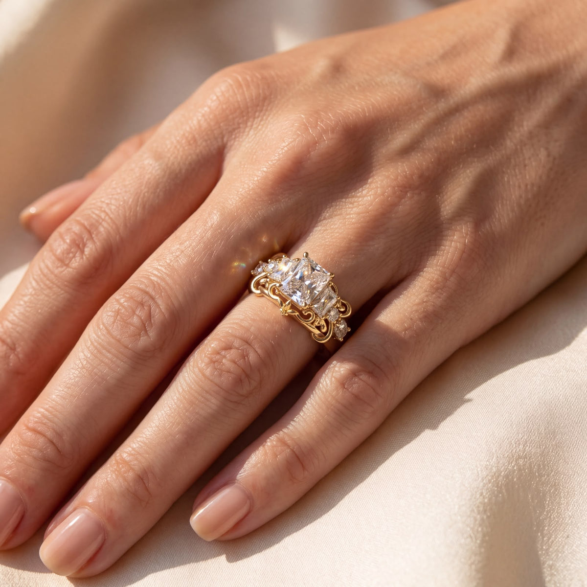Woman wearing a custom yellow gold three-stone diamond engagement ring with vintage filigree details.