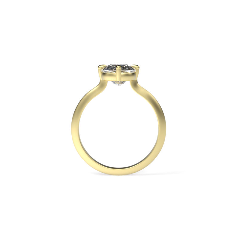 Side profile of an elongated cushion diamond solitaire engagement ring with compass prongs and a yellow gold knife-edge band.