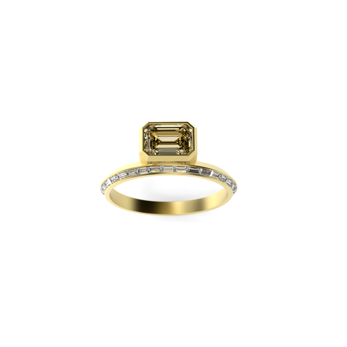 Yellow gold emerald-cut diamond engagement ring with a bezel-set center stone and baguette diamond accents along a knife-edge band, shown front view on a white background.