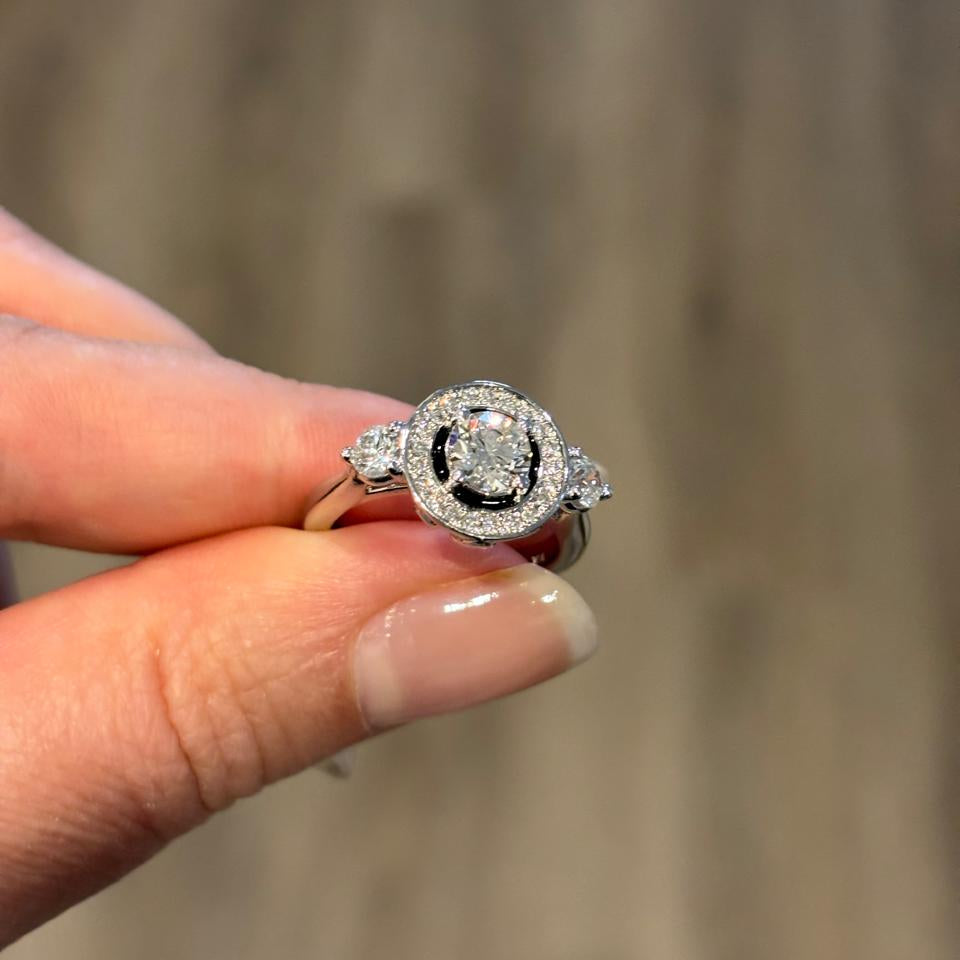 Black Enamel Round Diamond Halo Ring