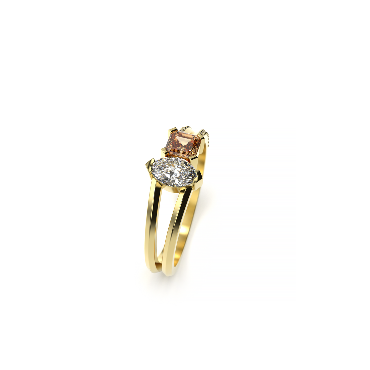 Angled view of a yellow gold marquise diamond and Asscher-cut sapphire engagement ring with pavé diamond accents on a split band, shown on a white background.