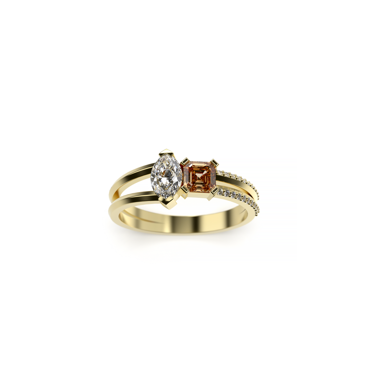 Yellow gold marquise diamond and Asscher-cut sapphire engagement ring with pavé diamond accents, shown on a white background.