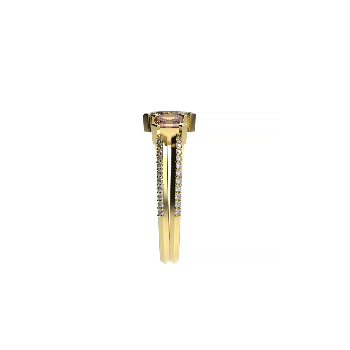 Side view of a yellow gold marquise diamond and Asscher-cut sapphire engagement ring with pavé diamond accents on the split band, shown on a white background.
