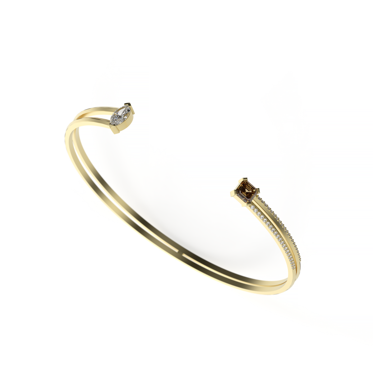 Marquise diamond and Asscher-cut sapphire open bangle in yellow gold with pavé diamond accents, shown at an angled view on a white background.