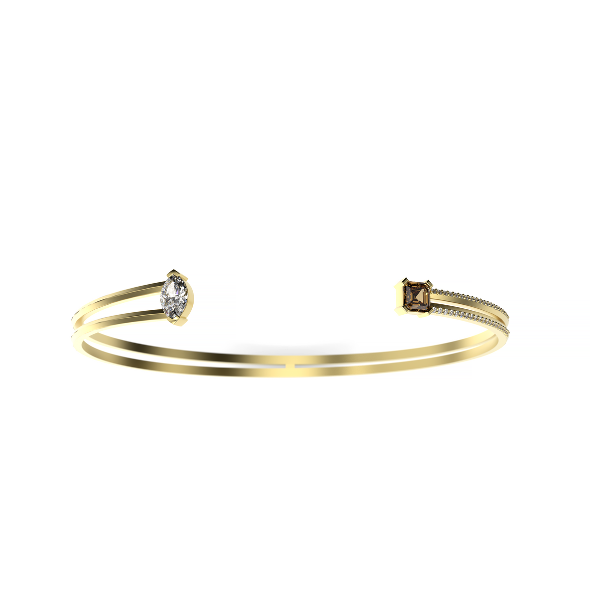 Yellow gold open bangle with a marquise diamond, an Asscher-cut sapphire, and pavé diamond accents, shown on a white background.