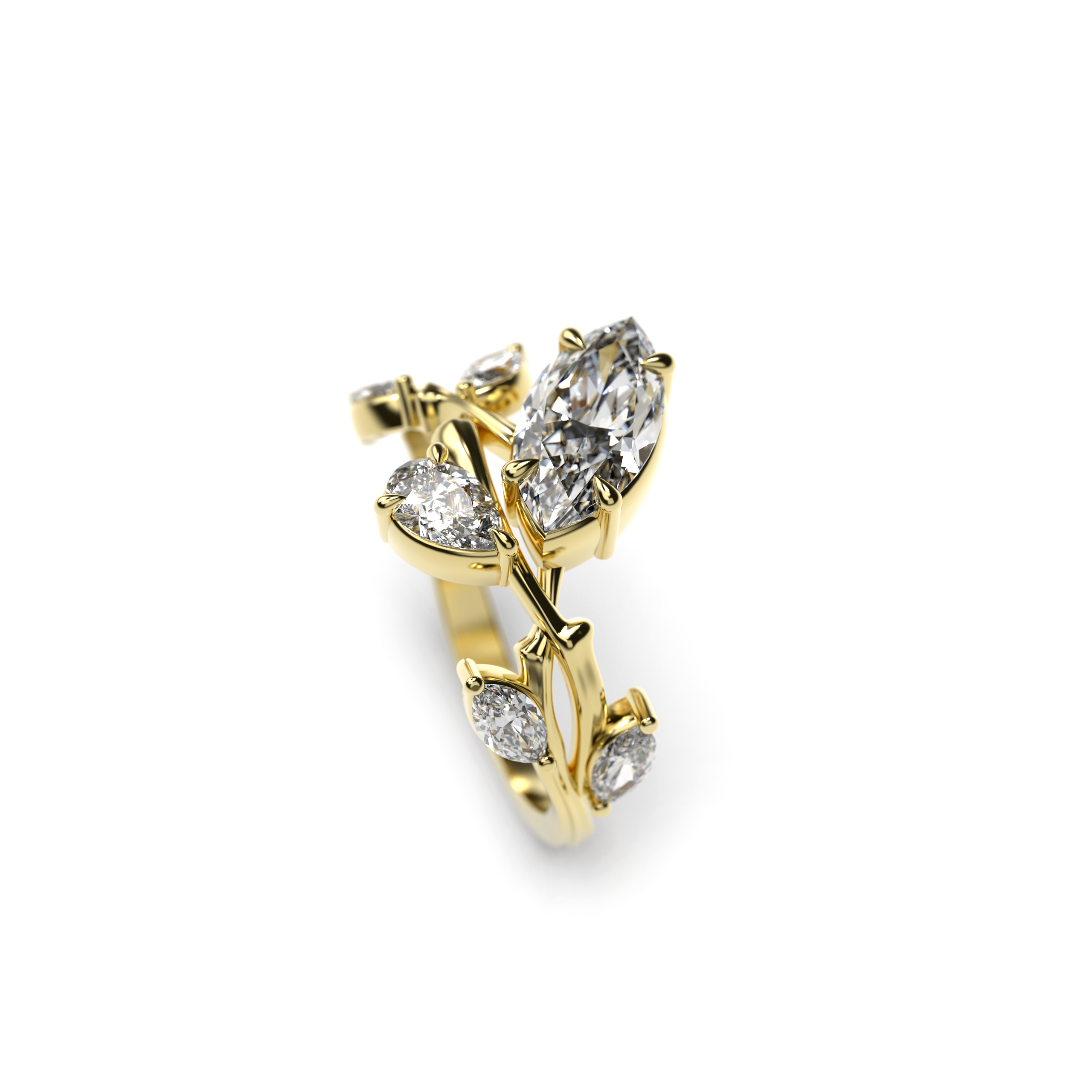 Side view of marquise diamond vine engagement ring in yellow gold
Yellow gold marquise diamond engagement ring with pear accent diamonds, side view