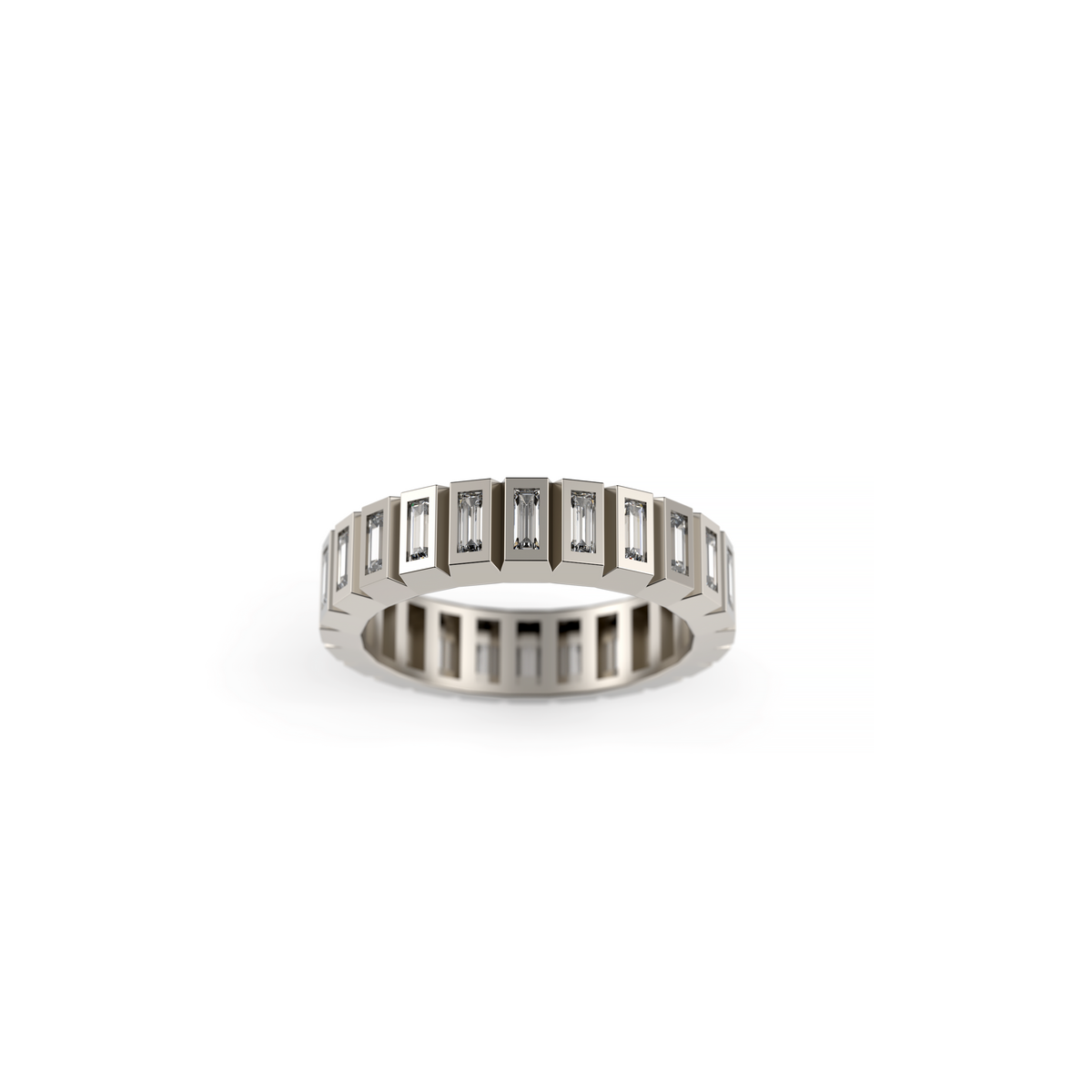 Men’s white gold baguette diamond eternity band with baguette-cut diamonds, shown in a front product view on a white background.
