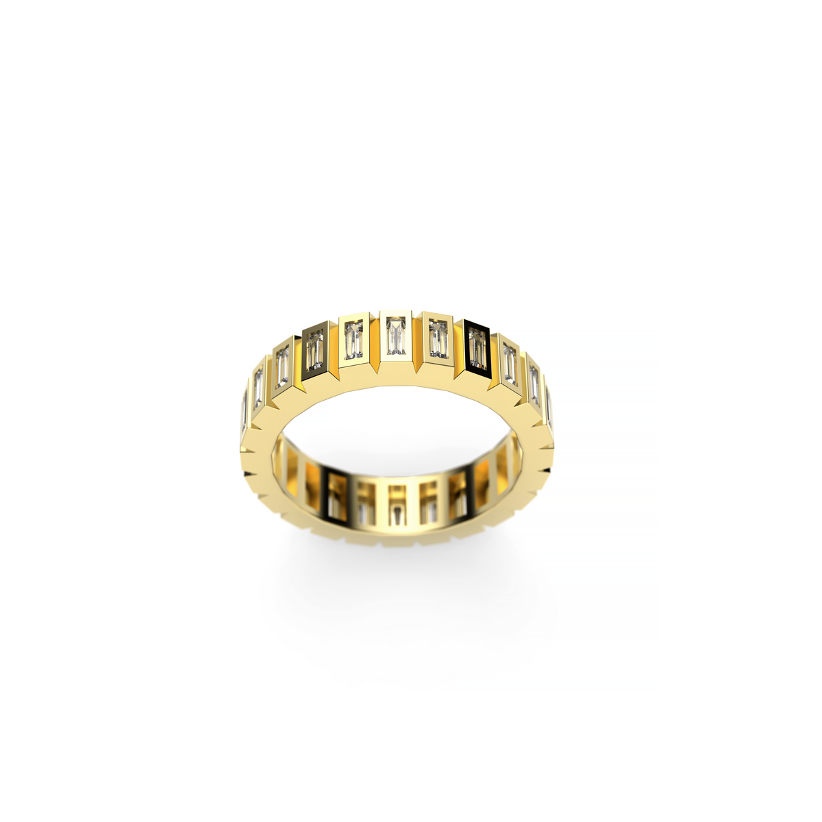 Men’s yellow gold baguette diamond eternity band with bezel-set baguette-cut diamonds, shown front view on a white background.