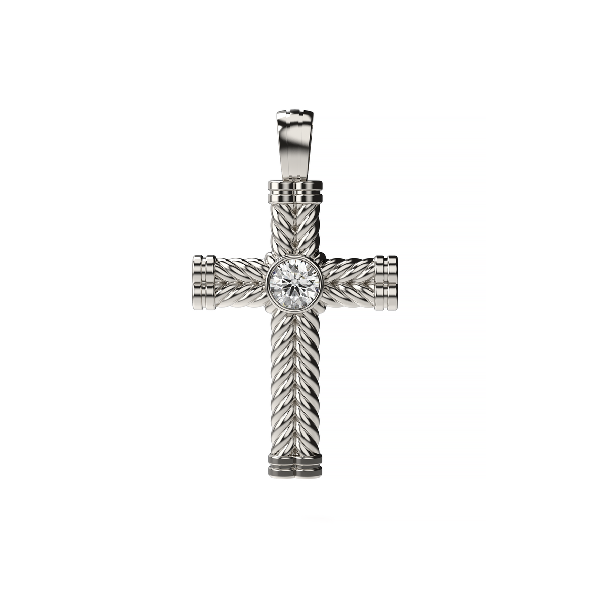 Men’s white gold cross pendant with a round center diamond and textured detailing, shown on a white background.