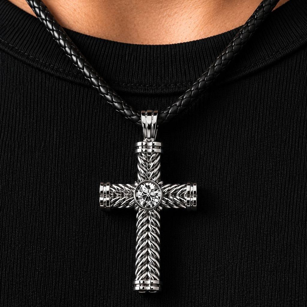 Men’s white gold cross pendant with a round center diamond on a black braided cord, shown against a black background.