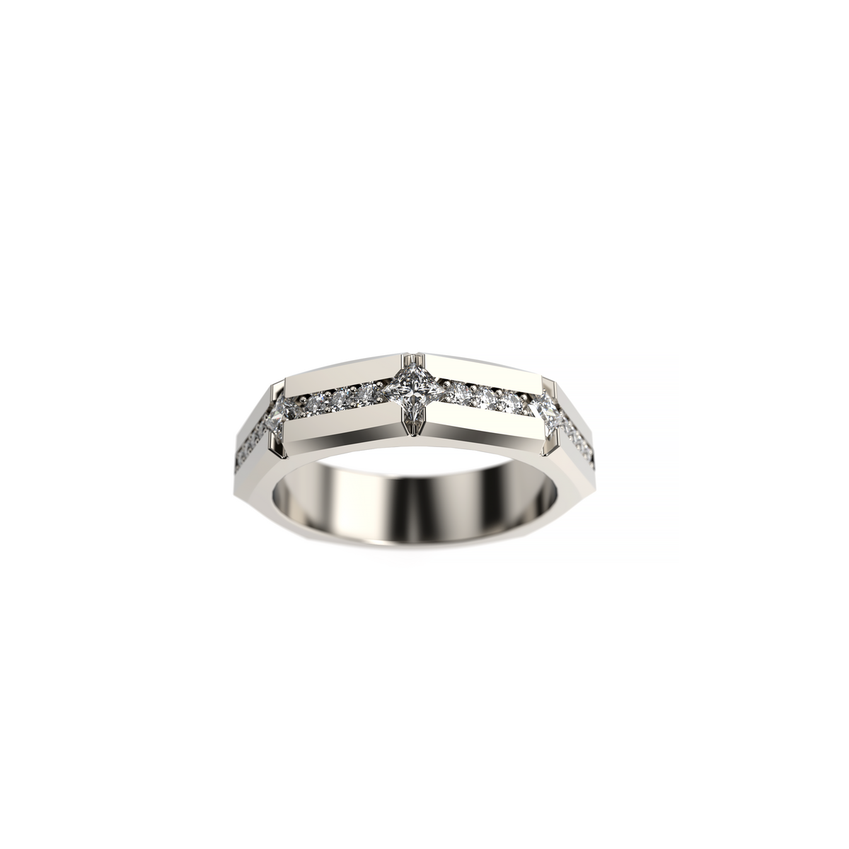 Front view of a men’s white gold geometric diamond ring with pavé-set diamonds, angular band details, and a central marquise-cut diamond accent.