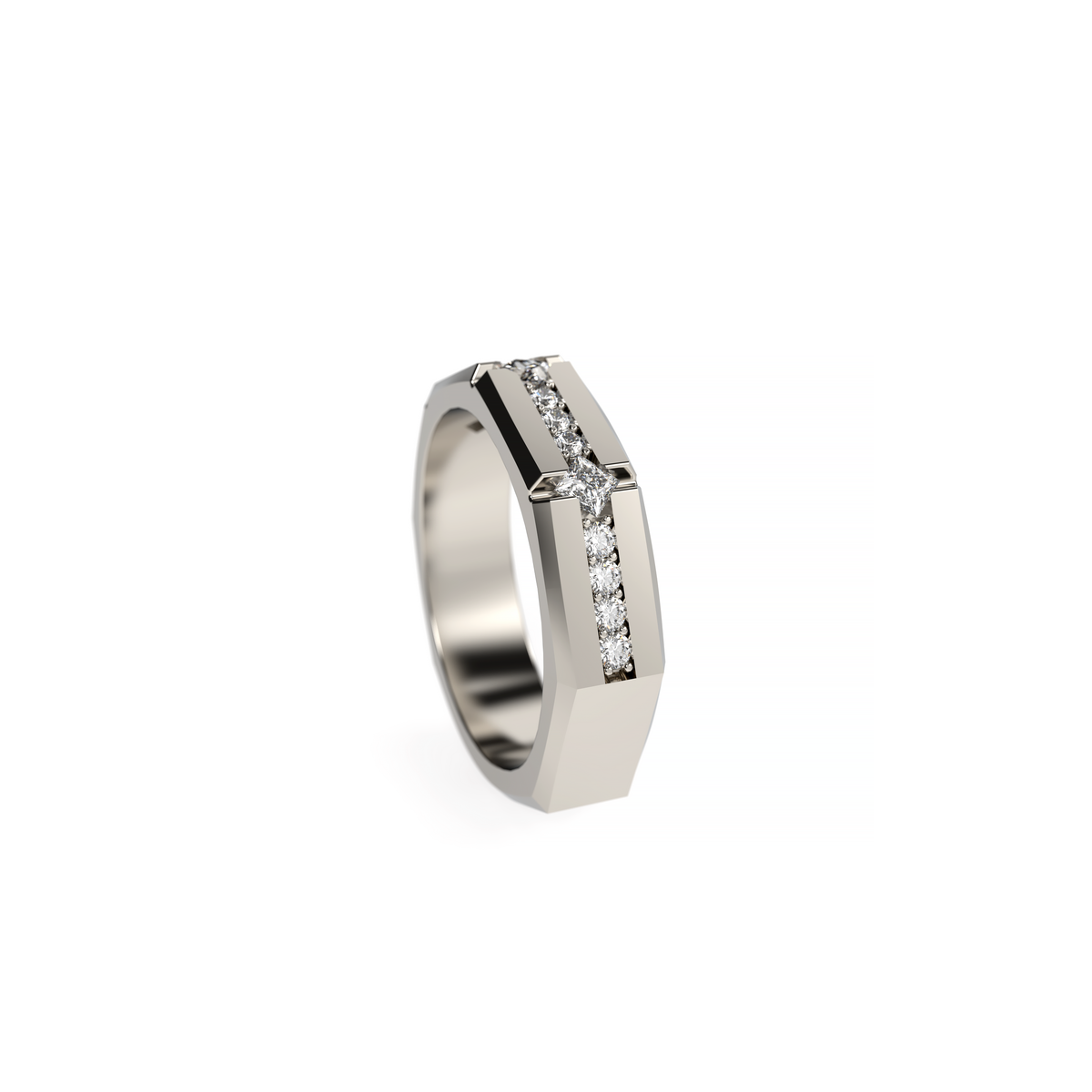 Side view of a men’s white gold geometric diamond ring with channel-set diamonds and angular faceted band details.
