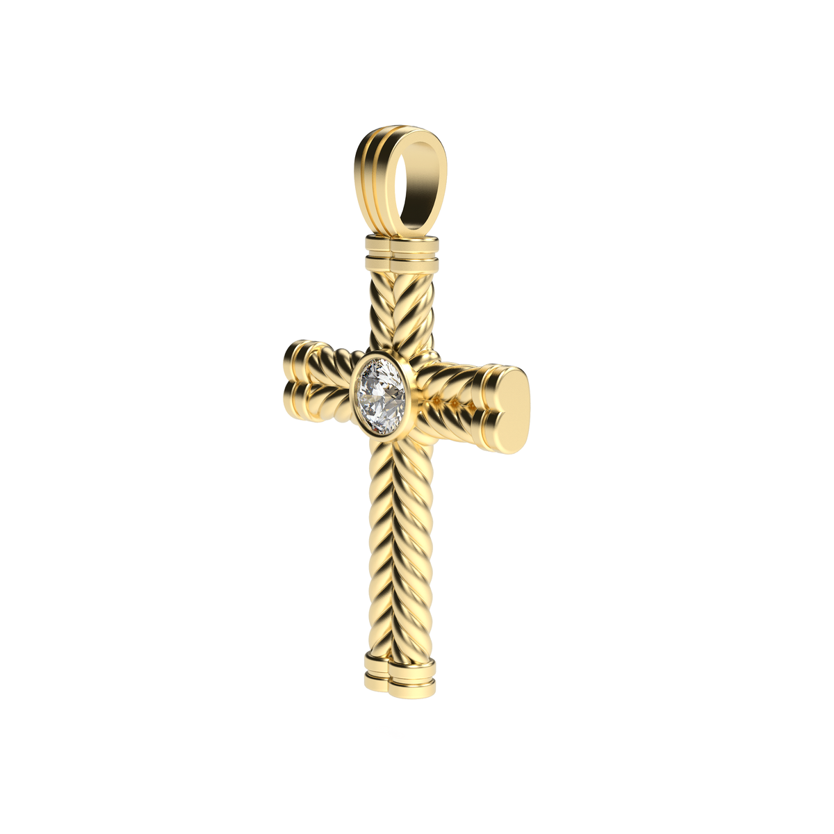 Men’s yellow gold cross pendant with a round center diamond, shown at an angled view on a white background.