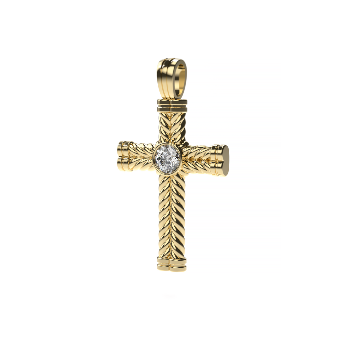 Men’s yellow gold cross pendant with a round center diamond, shown front view on a white background.