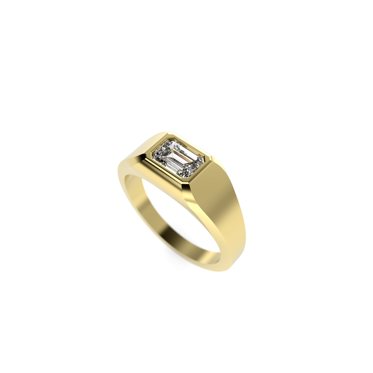 Angled view of a men’s yellow gold signet-style ring with an emerald-cut diamond center stone in a bold polished band.