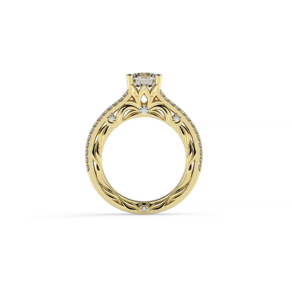 Back view of a yellow gold round diamond Art Nouveau-inspired halo engagement ring with pavé split shank, sculptural leaf-like details, and an ornate open gallery.