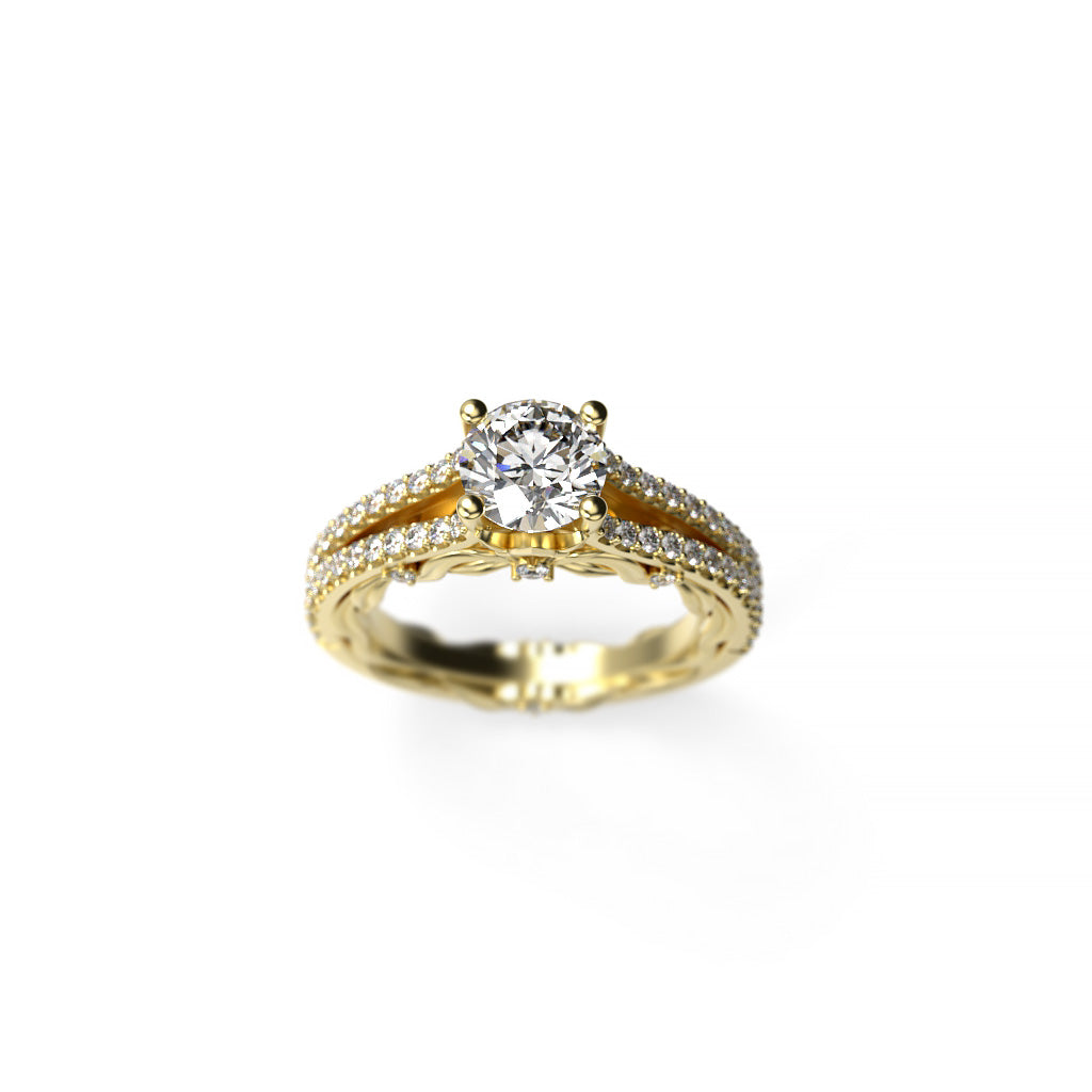 Front view of a round diamond Art Nouveau-inspired halo engagement ring with pavé split shank, yellow gold setting, and delicate diamond accents.