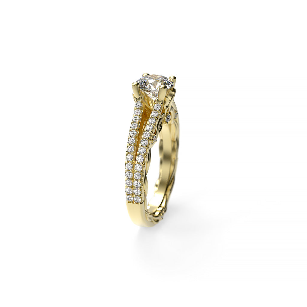 Side view of a round diamond Art Nouveau-inspired halo engagement ring with pavé split shank, yellow gold details, and a raised center diamond setting.