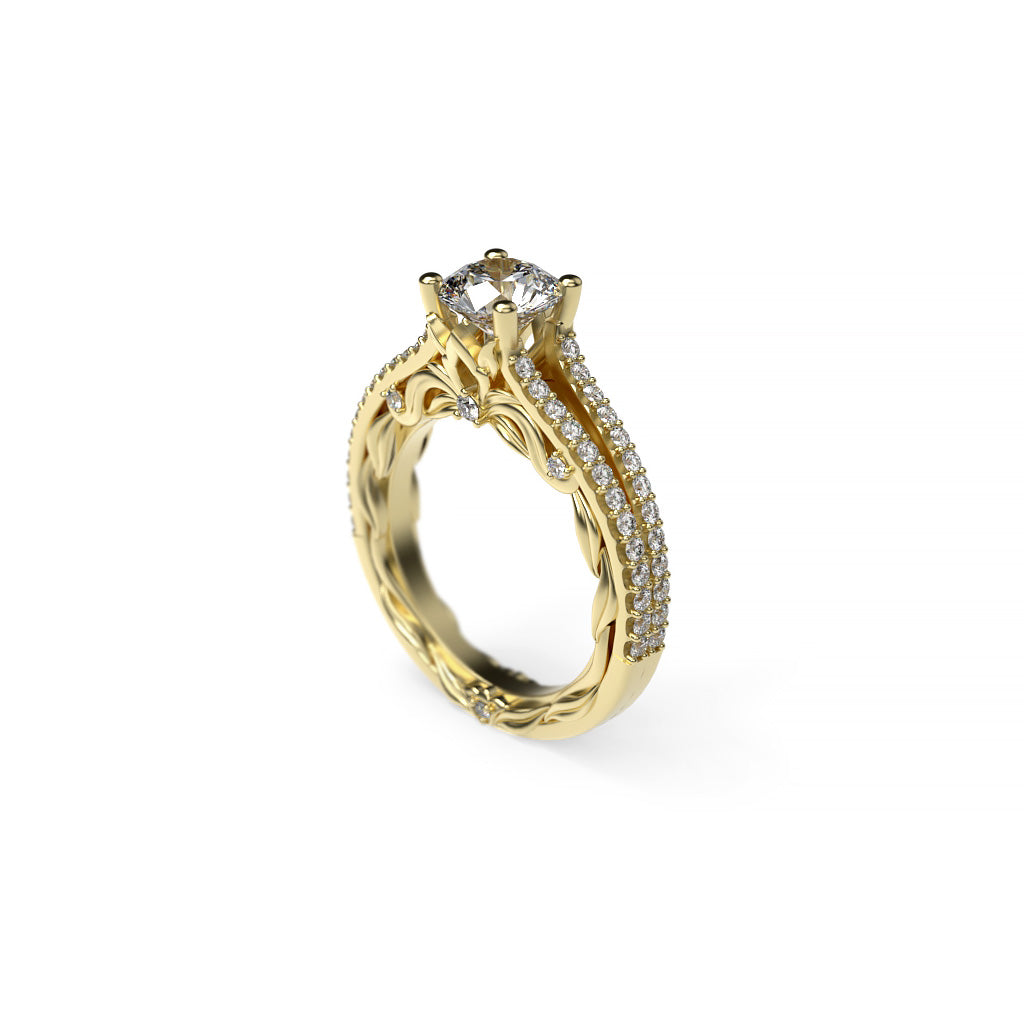 Side view of a round diamond Art Nouveau-inspired halo engagement ring with pavé split shank, sculptural gold details, and an ornate open gallery.