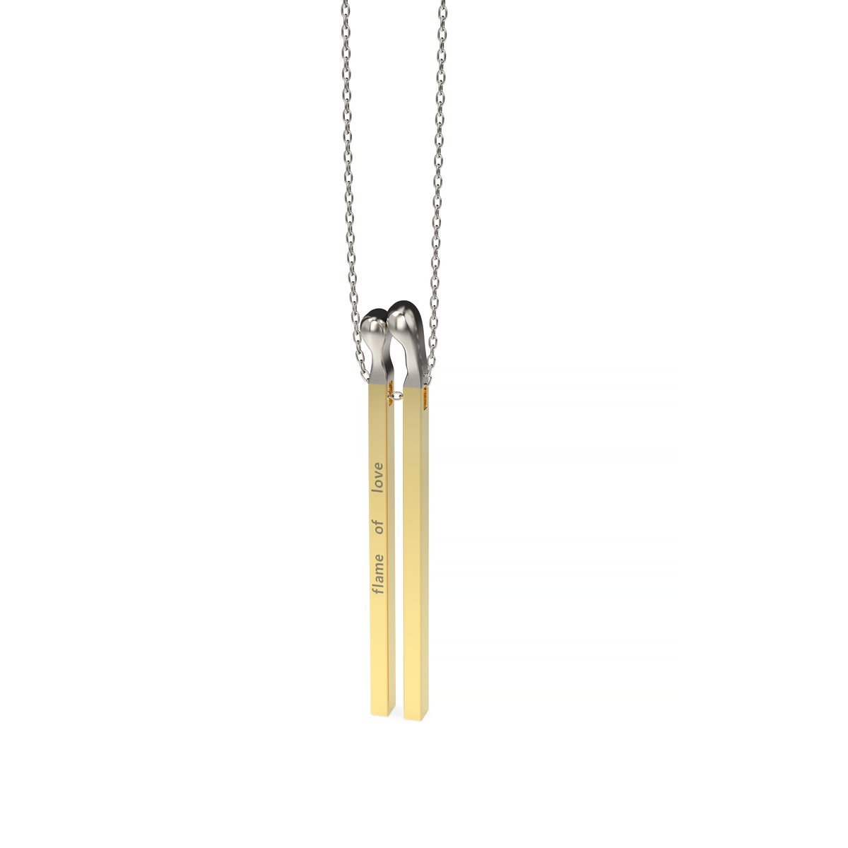 Front view of a two-tone bar pendant necklace with yellow gold bars, white gold curved tops, chain, and engraved flame of love detail.