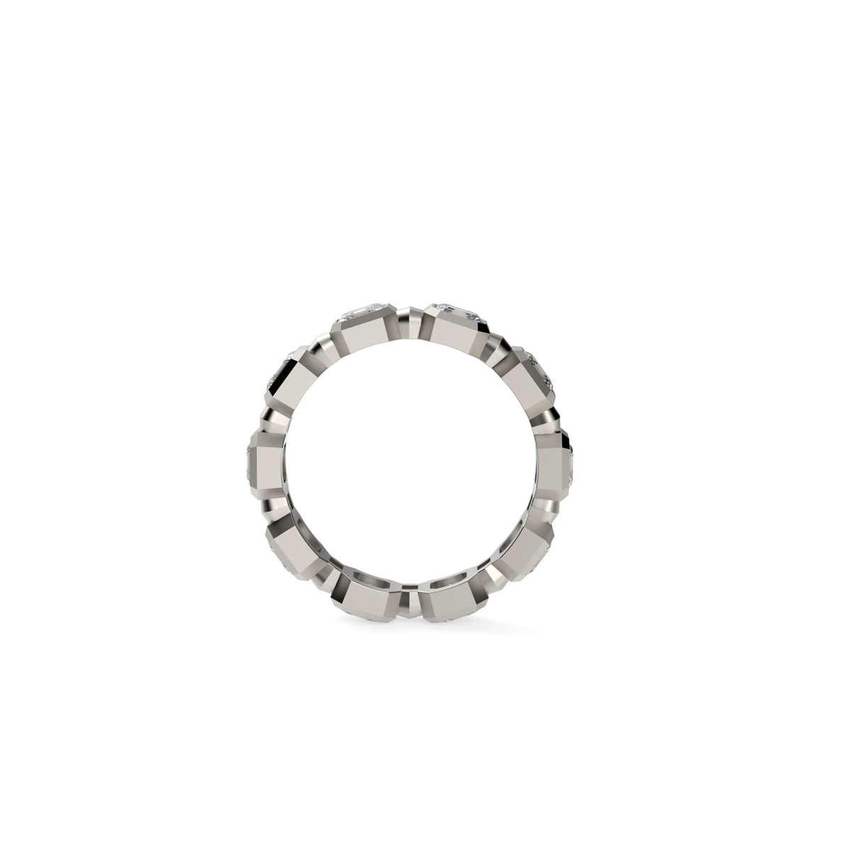 White gold Asscher-cut diamond eternity band with bezel-set step-cut diamonds, shown from the side on a white background.