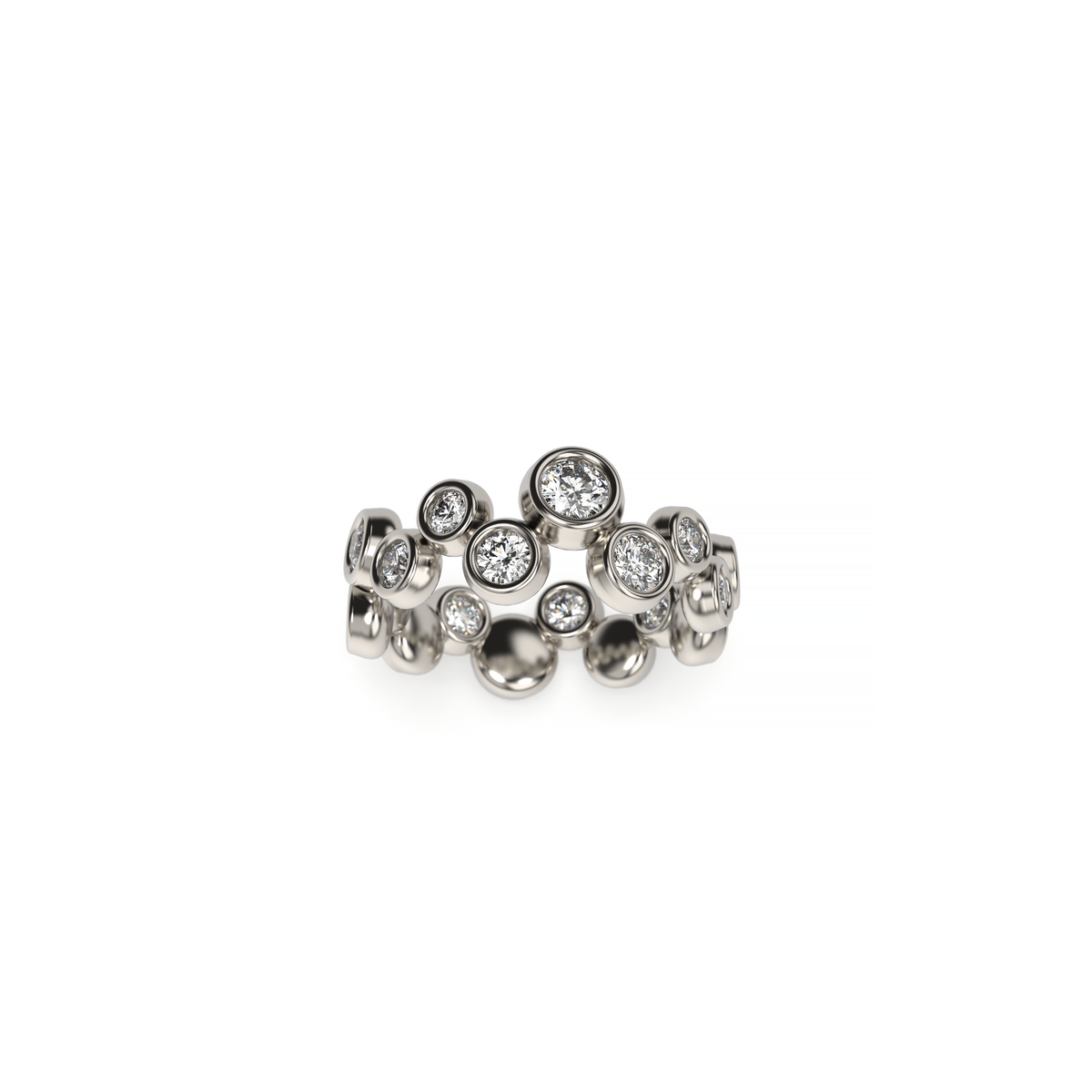 Bubble Bezel white gold diamond ring with multiple round bezel-set diamonds, shown on a white background.