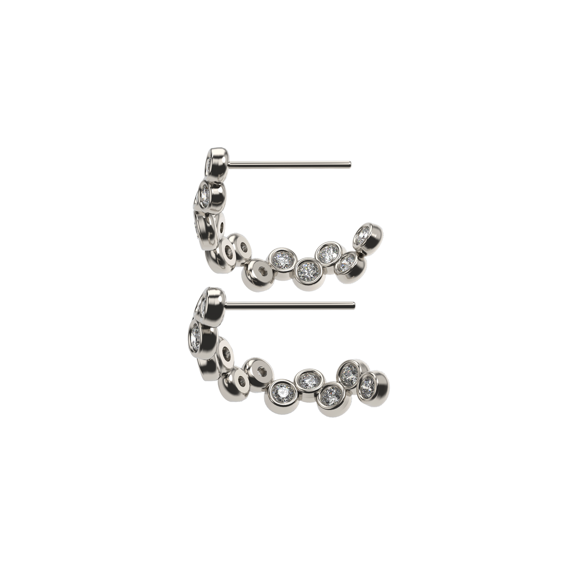 Bubble diamond hoop earrings in white gold with round bezel-set diamonds, shown from a side angle on a white background.