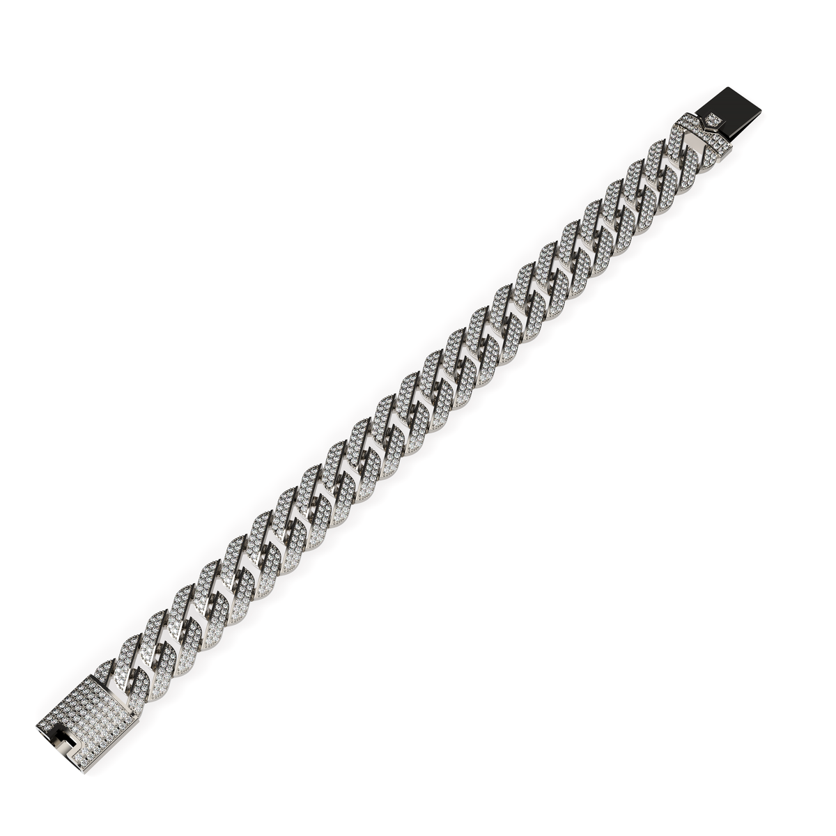 White gold Cuban link bracelet fully set with pavé diamonds, shown diagonally on a white background.
