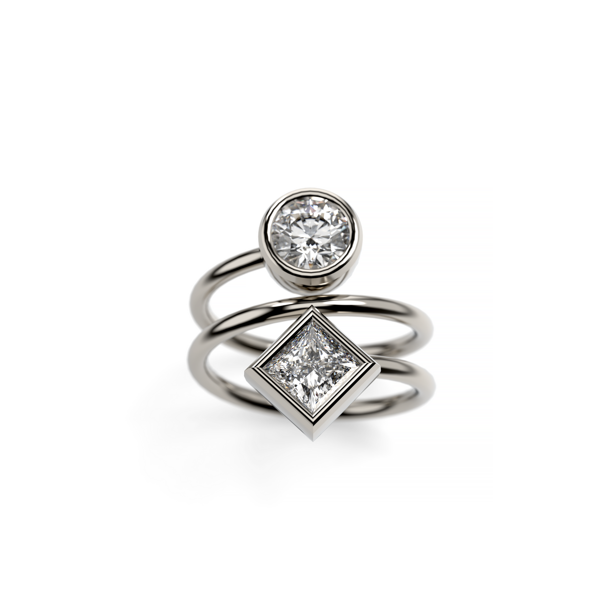 White gold two-stone diamond wrap ring with round and princess-cut diamonds, shown on a white background.
