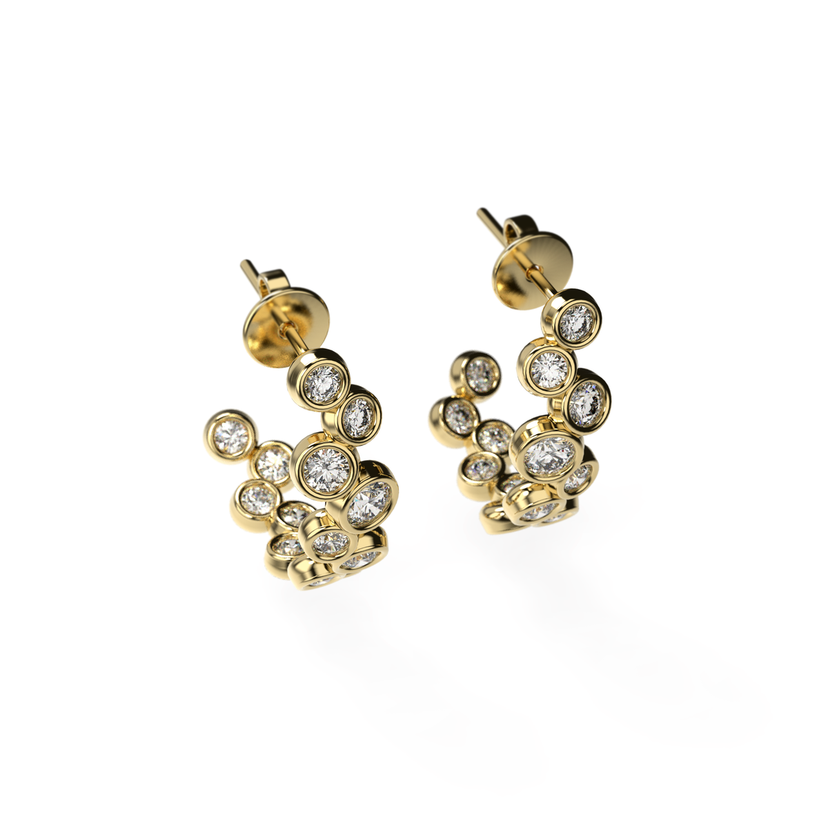 Bubble diamond hoop earrings in yellow gold with round bezel-set diamonds, shown at an angle on a white background.