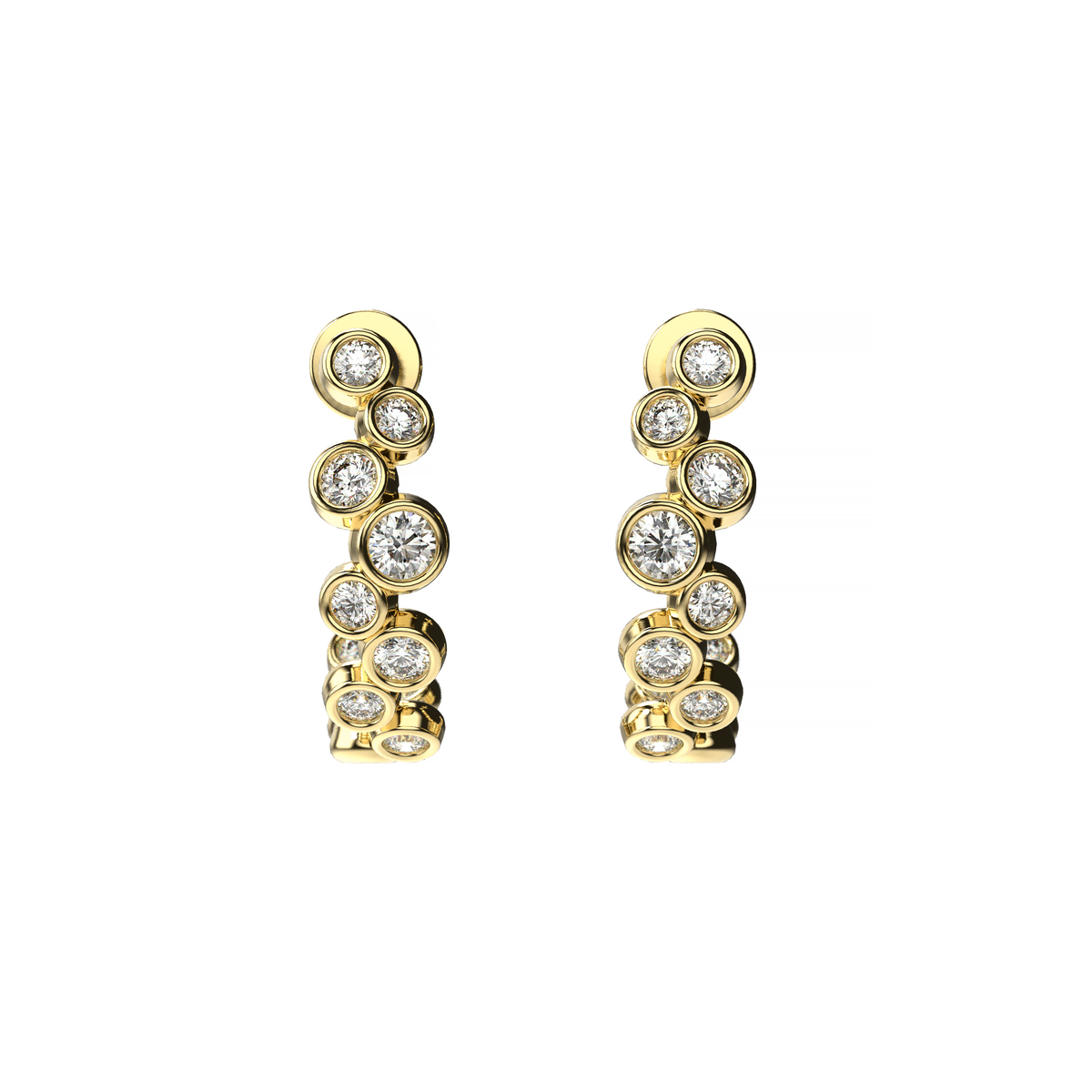 Bubble diamond hoop earrings in yellow gold with round bezel-set diamonds, shown from the front on a white background.