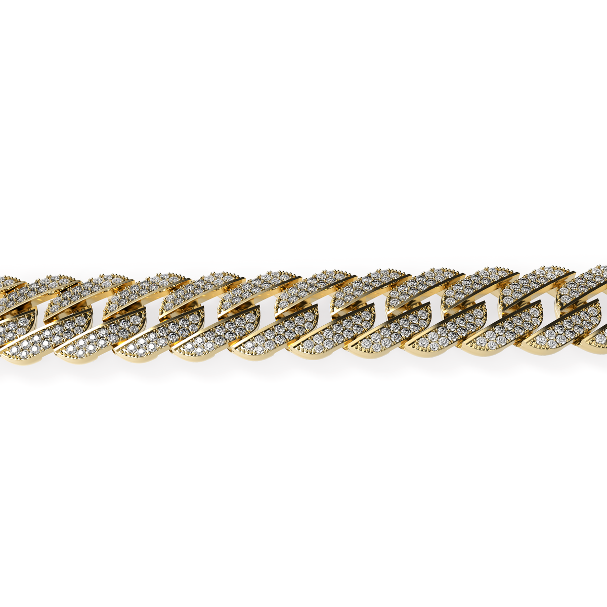 Yellow gold Cuban link bracelet fully set with pavé diamonds, shown on a white background.